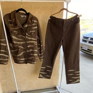 Woman’s decorated denim pants suit jacket and pants decorated with gold beads